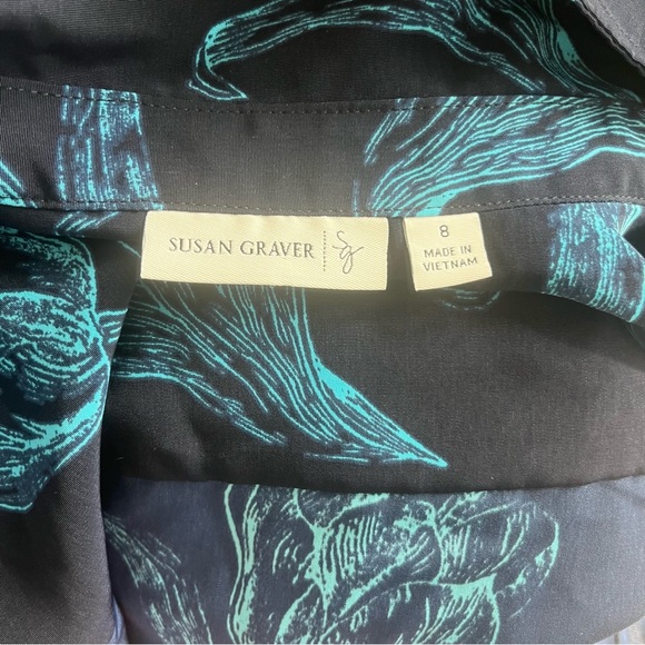 Susan Graver Blouse Mature Womens Blue Floral Button Front Long Sleeve Top Sz 8 - Picture 3 of 8